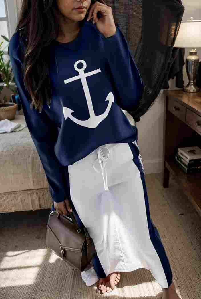 anchor print v neck long sleeve t shirt trousers two piece suit 137274