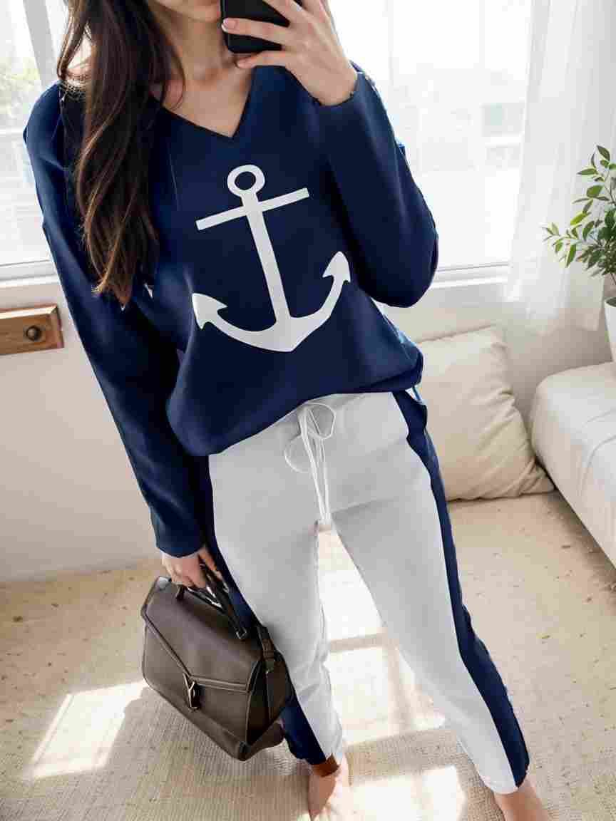 anchor print v neck long sleeve t shirt trousers two piece suit 132801