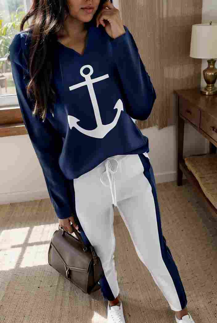 anchor print v neck long sleeve t shirt trousers two piece suit 100035