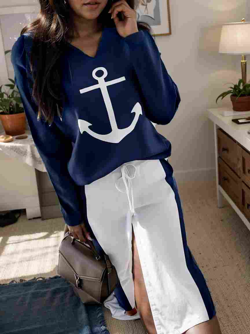 anchor print v neck long sleeve t shirt trousers two piece suit 106639