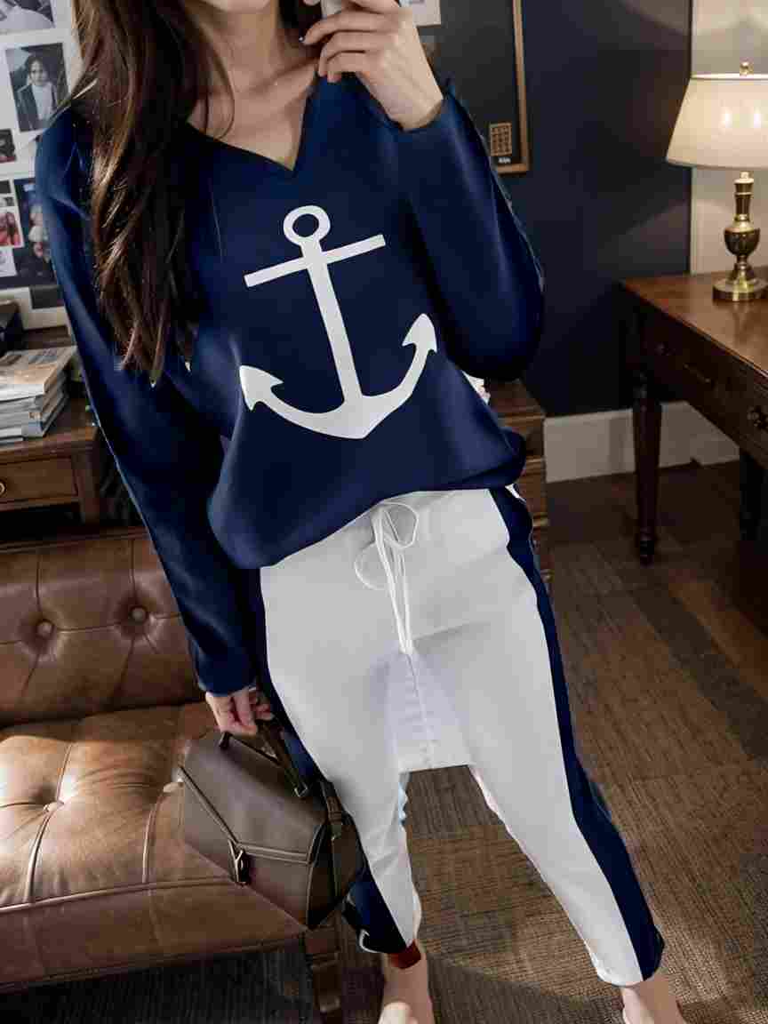 anchor print v neck long sleeve t shirt trousers two piece suit 129037