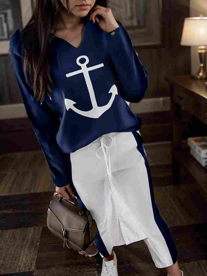 anchor print v neck long sleeve t shirt trousers two piece suit 111765