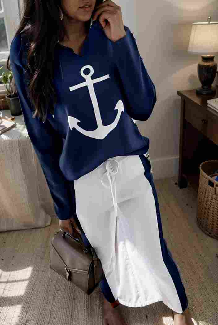 anchor print v neck long sleeve t shirt trousers two piece suit 111735