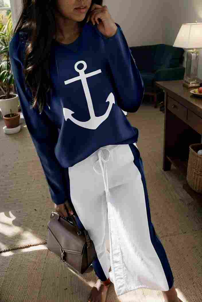 anchor print v neck long sleeve t shirt trousers two piece suit 121348