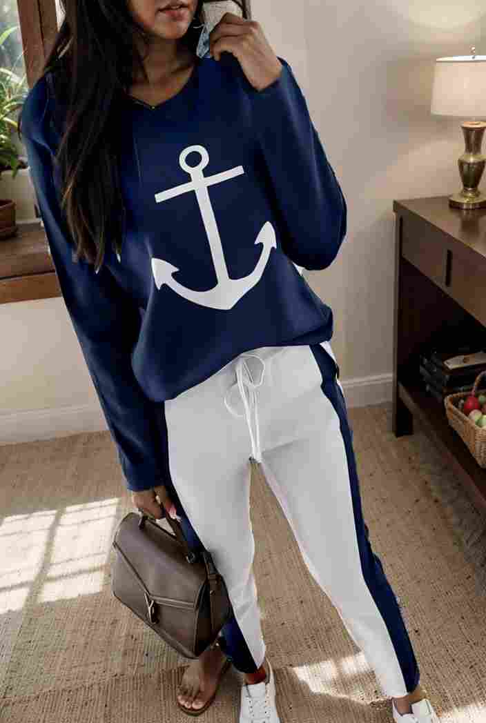 anchor print v neck long sleeve t shirt trousers two piece suit 125160