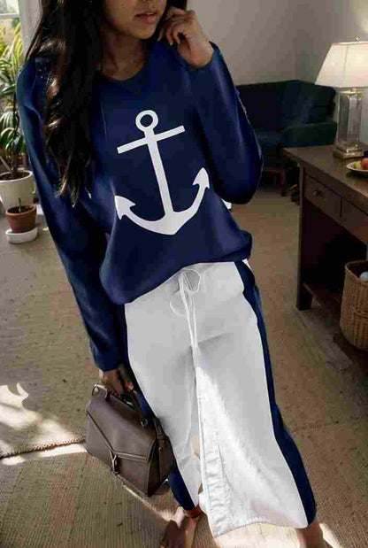 anchor print v neck long sleeve t shirt trousers two piece suit 120615