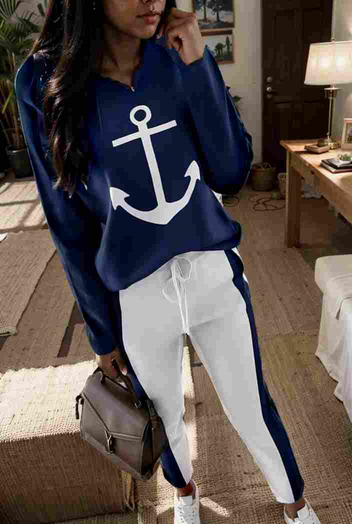 anchor print v neck long sleeve t shirt trousers two piece suit 103470