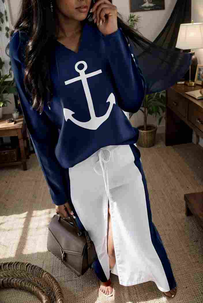 anchor print v neck long sleeve t shirt trousers two piece suit 149251