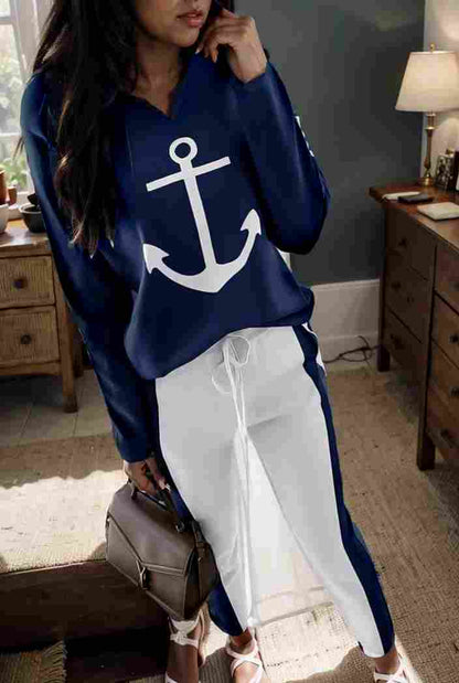 anchor print v neck long sleeve t shirt trousers two piece suit 132144