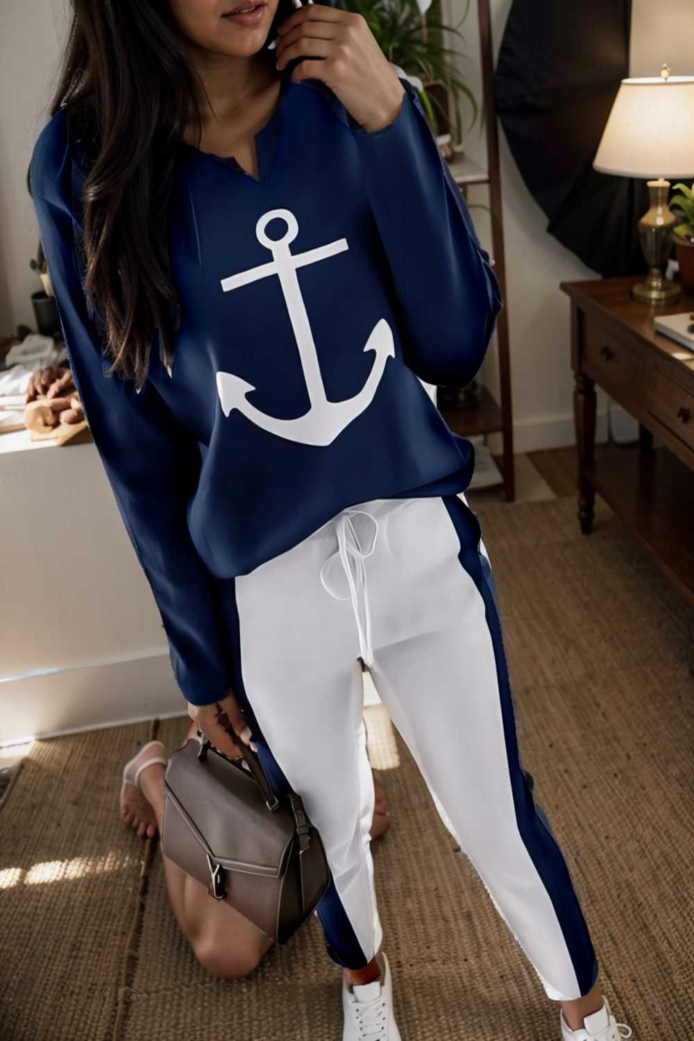 anchor print v neck long sleeve t shirt trousers two piece suit 149237