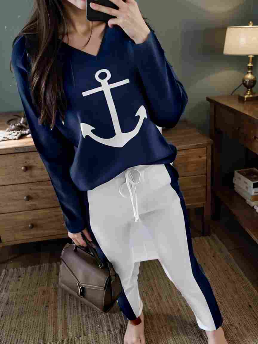 anchor print v neck long sleeve t shirt trousers two piece suit 119794