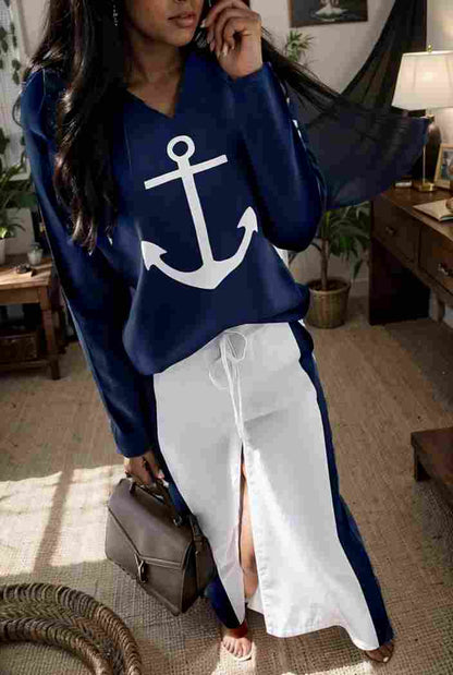 anchor print v neck long sleeve t shirt trousers two piece suit 108906