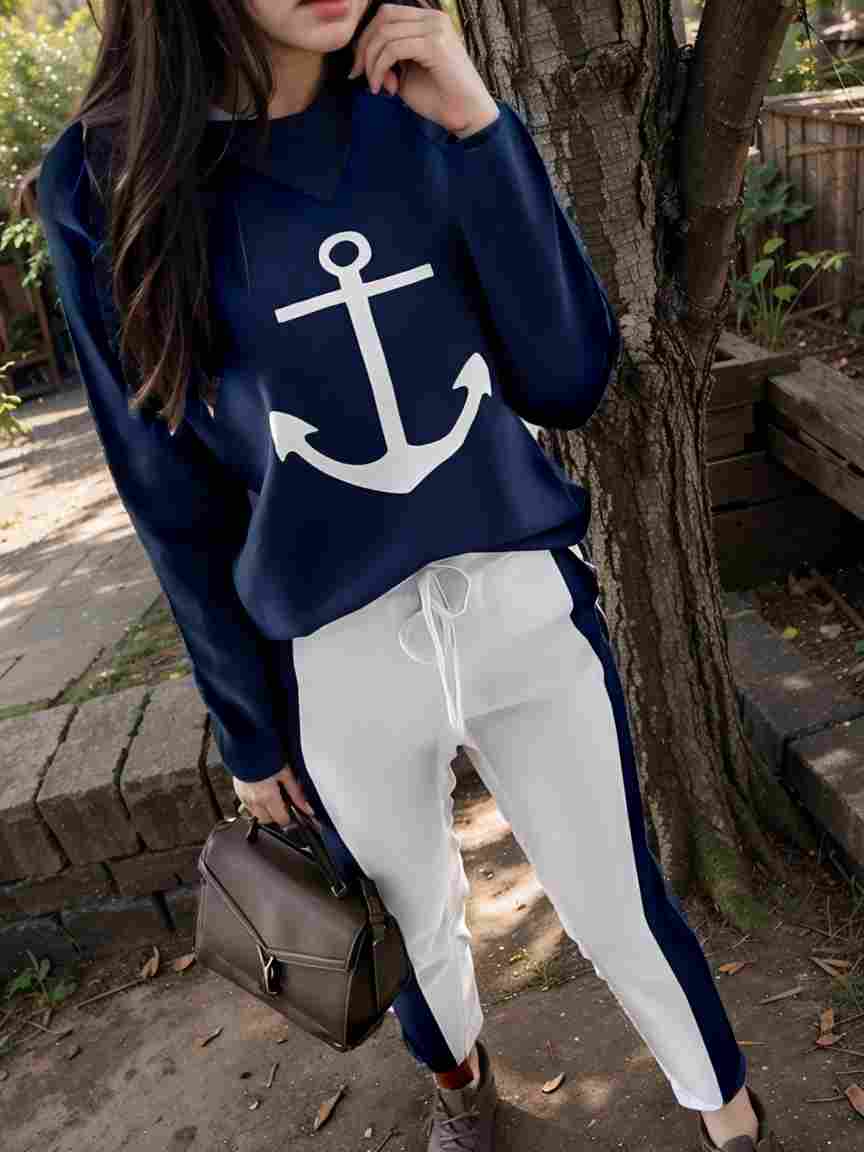 anchor print v neck long sleeve t shirt trousers two piece suit 131653