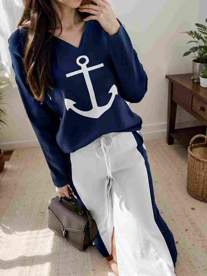 anchor print v neck long sleeve t shirt trousers two piece suit 110613