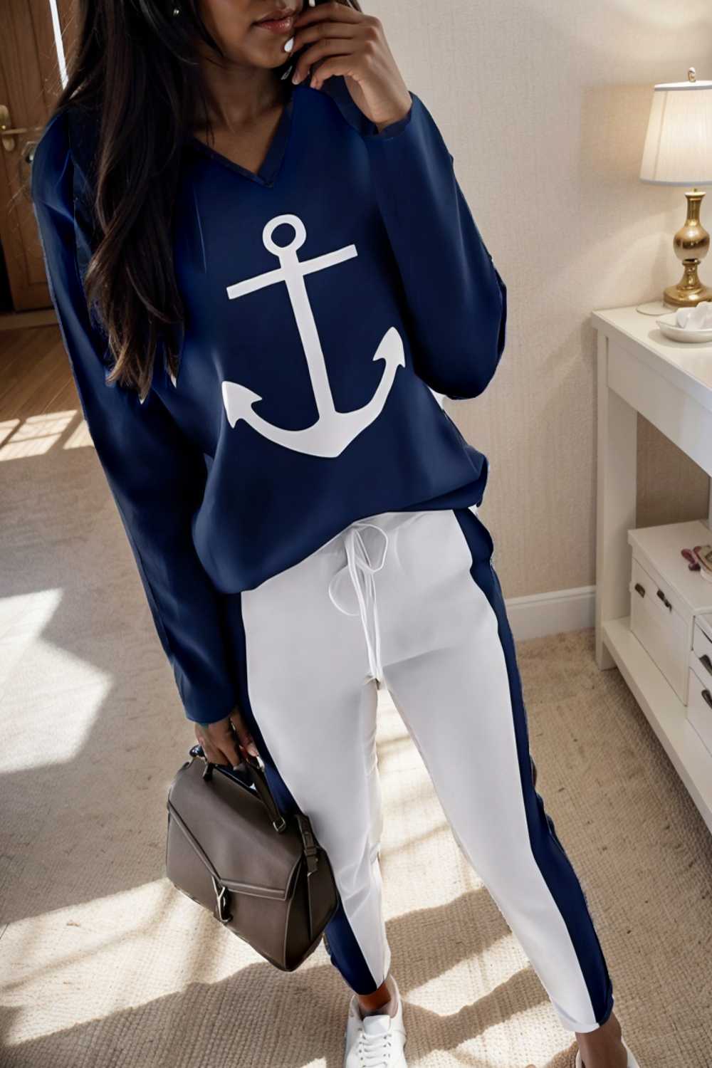 anchor print v neck long sleeve t shirt trousers two piece suit 103221