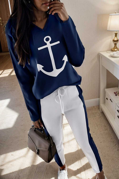 anchor print v neck long sleeve t shirt trousers two piece suit 118941