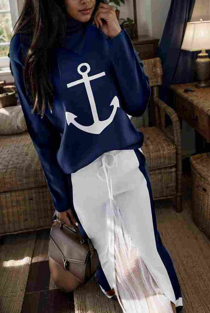 anchor print v neck long sleeve t shirt trousers two piece suit 119273