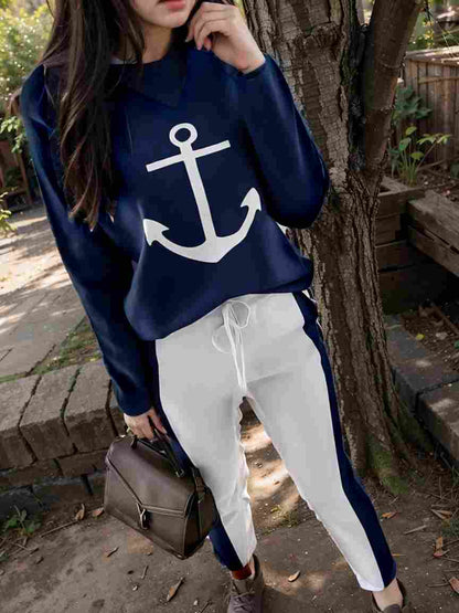 anchor print v neck long sleeve t shirt trousers two piece suit 138691