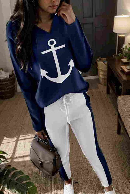 anchor print v neck long sleeve t shirt trousers two piece suit 132990