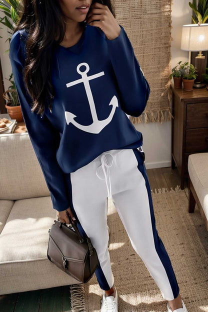 anchor print v neck long sleeve t shirt trousers two piece suit 122960