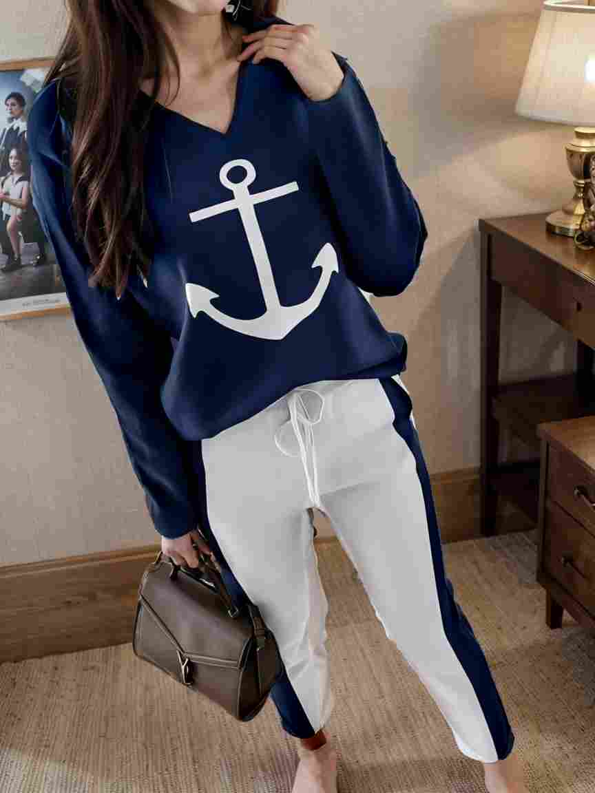 anchor print v neck long sleeve t shirt trousers two piece suit 101050