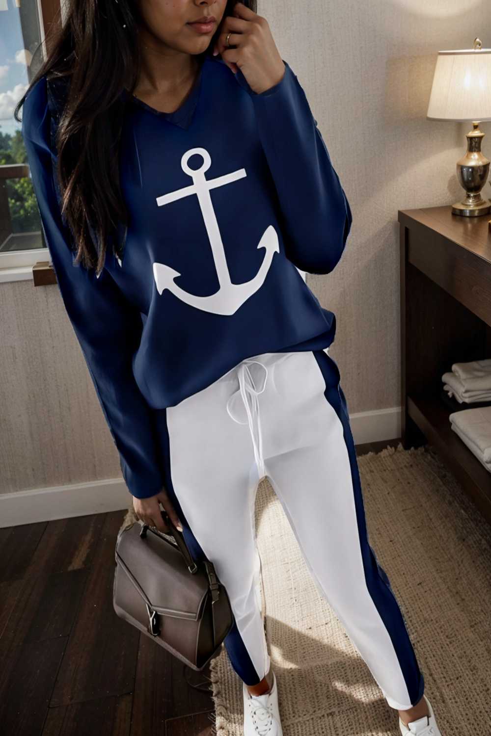 anchor print v neck long sleeve t shirt trousers two piece suit 147338