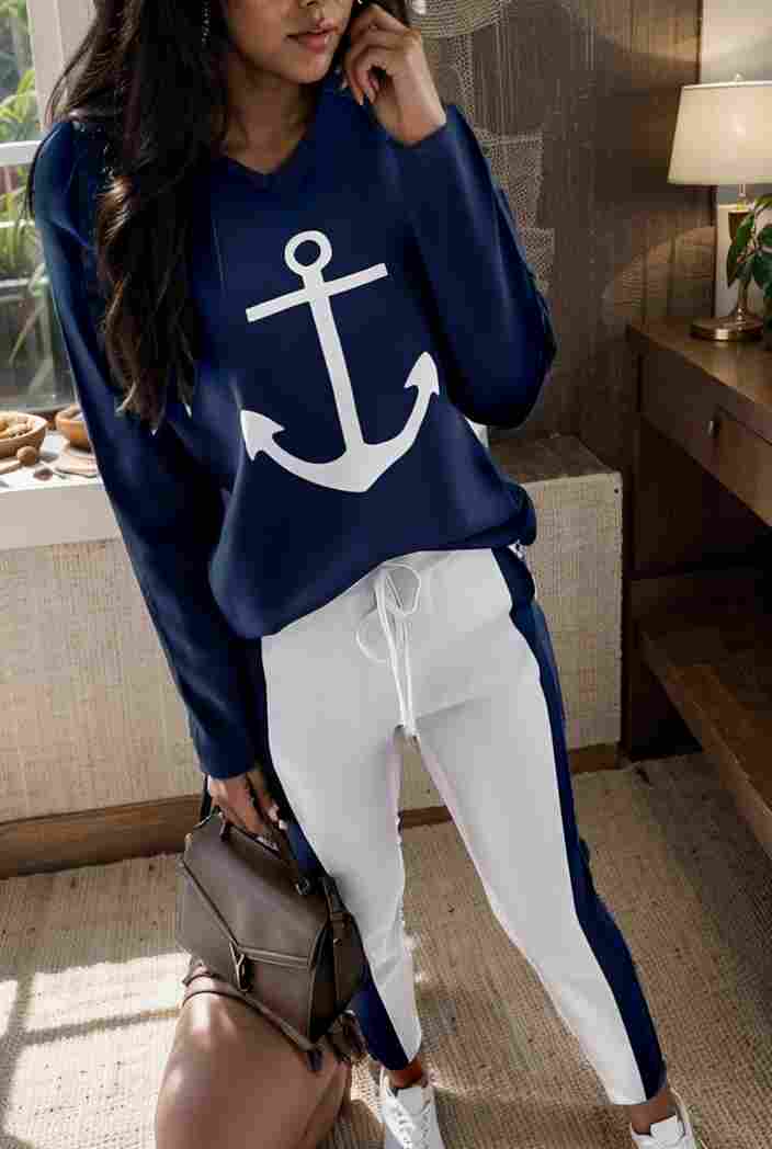 anchor print v neck long sleeve t shirt trousers two piece suit 140824