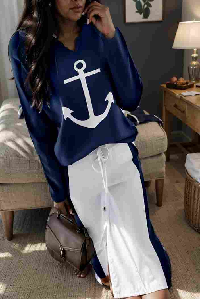 anchor print v neck long sleeve t shirt trousers two piece suit 128619