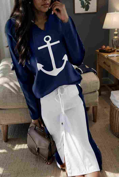 anchor print v neck long sleeve t shirt trousers two piece suit 128619