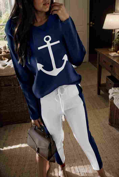 anchor print v neck long sleeve t shirt trousers two piece suit 106756