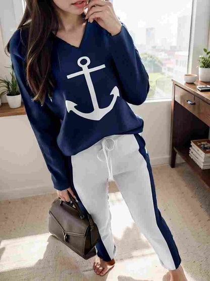 anchor print v neck long sleeve t shirt trousers two piece suit 126566