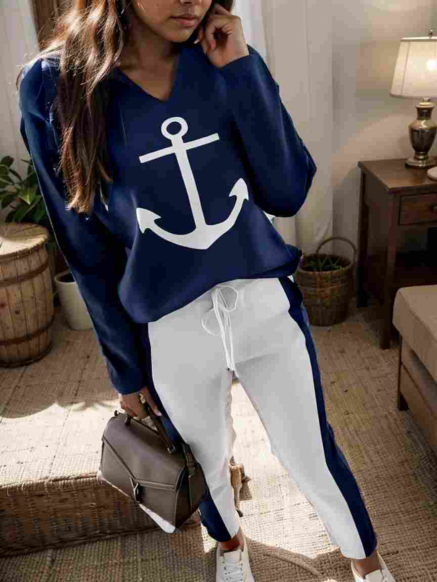 anchor print v neck long sleeve t shirt trousers two piece suit 145494