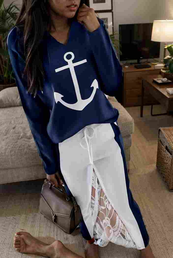 anchor print v neck long sleeve t shirt trousers two piece suit 128432