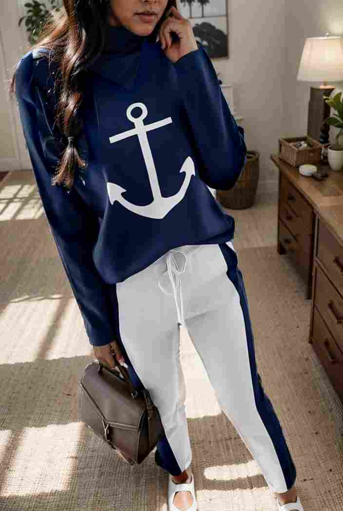 anchor print v neck long sleeve t shirt trousers two piece suit 141335