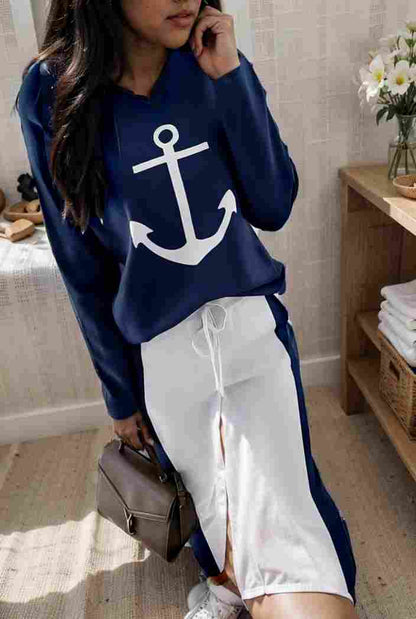 anchor print v neck long sleeve t shirt trousers two piece suit 127691