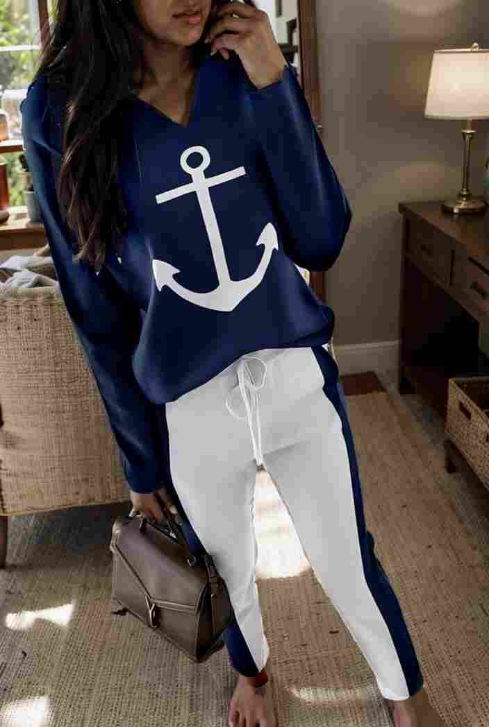 anchor print v neck long sleeve t shirt trousers two piece suit 117978