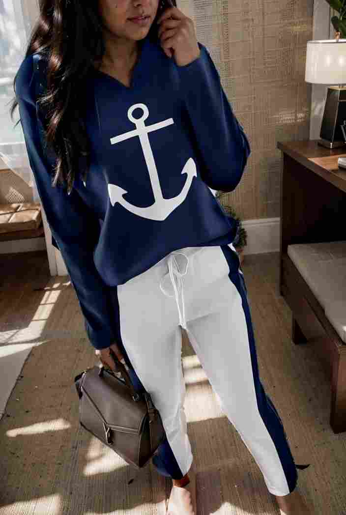 anchor print v neck long sleeve t shirt trousers two piece suit 133970