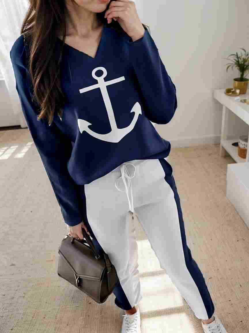 anchor print v neck long sleeve t shirt trousers two piece suit 148800