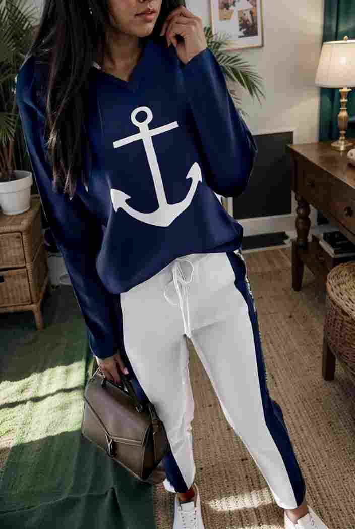 anchor print v neck long sleeve t shirt trousers two piece suit 100838