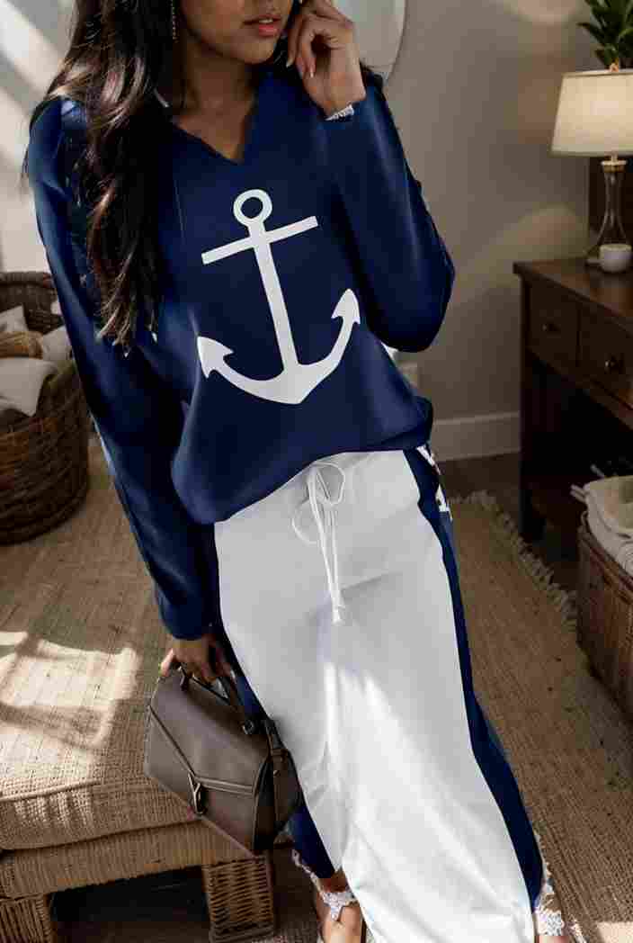 anchor print v neck long sleeve t shirt trousers two piece suit 104822