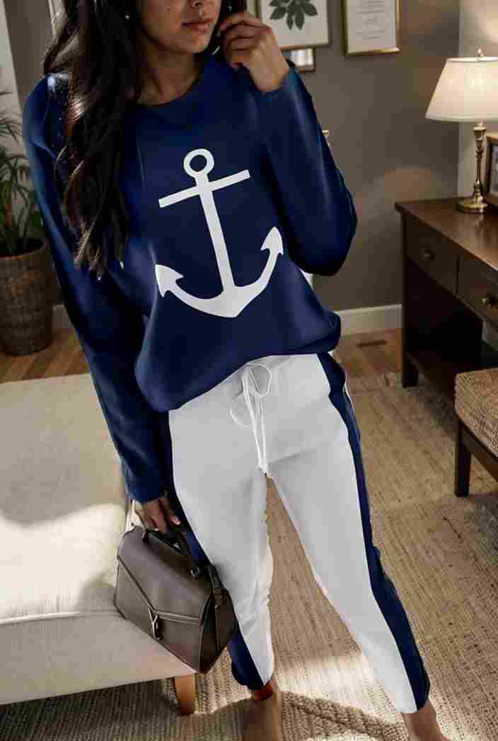 anchor print v neck long sleeve t shirt trousers two piece suit 109502