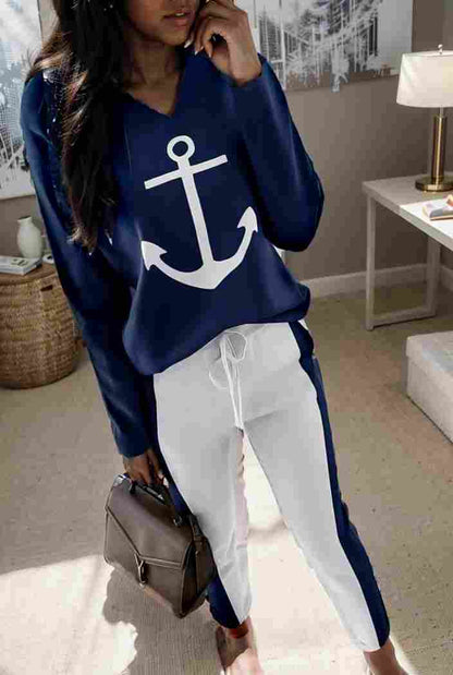 anchor print v neck long sleeve t shirt trousers two piece suit 111236