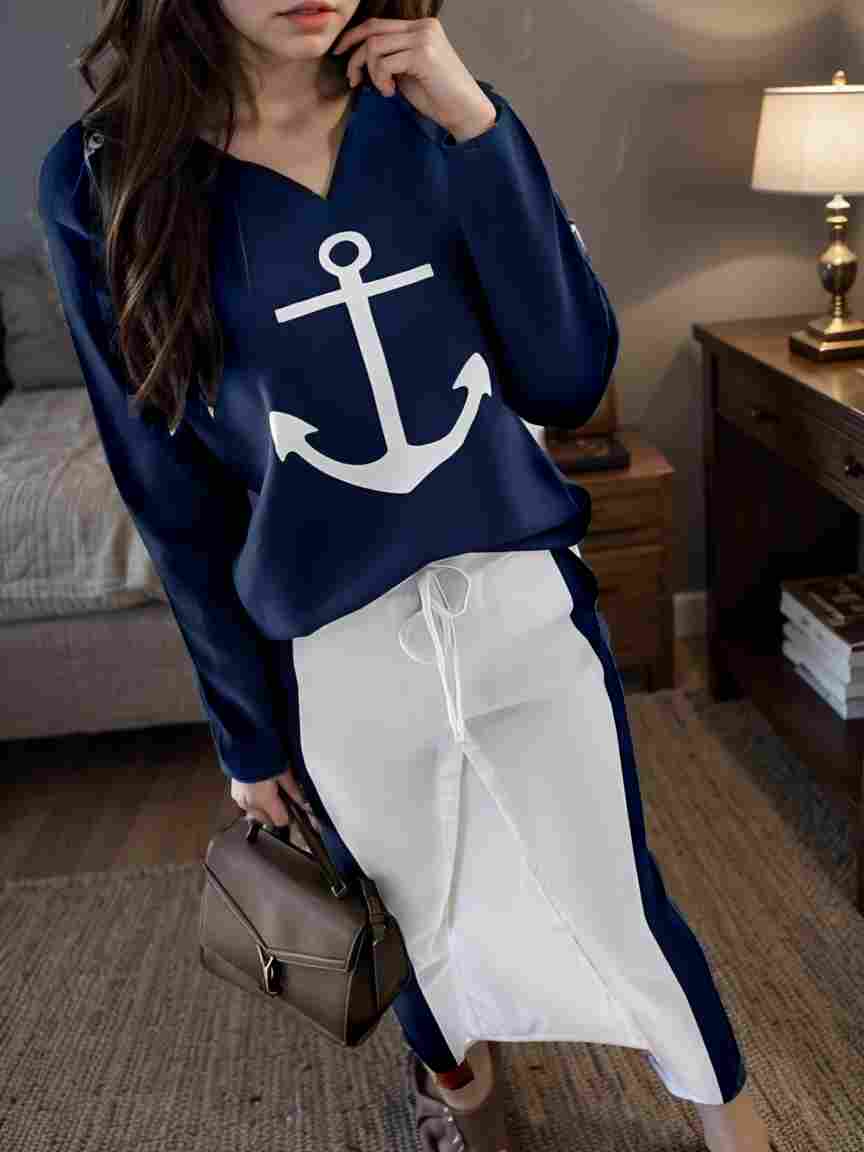 anchor print v neck long sleeve t shirt trousers two piece suit 145730