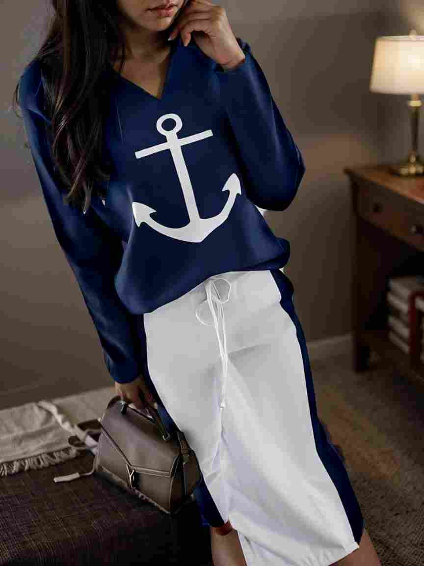 anchor print v neck long sleeve t shirt trousers two piece suit 135251