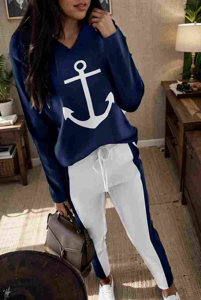 anchor print v neck long sleeve t shirt trousers two piece suit 136445