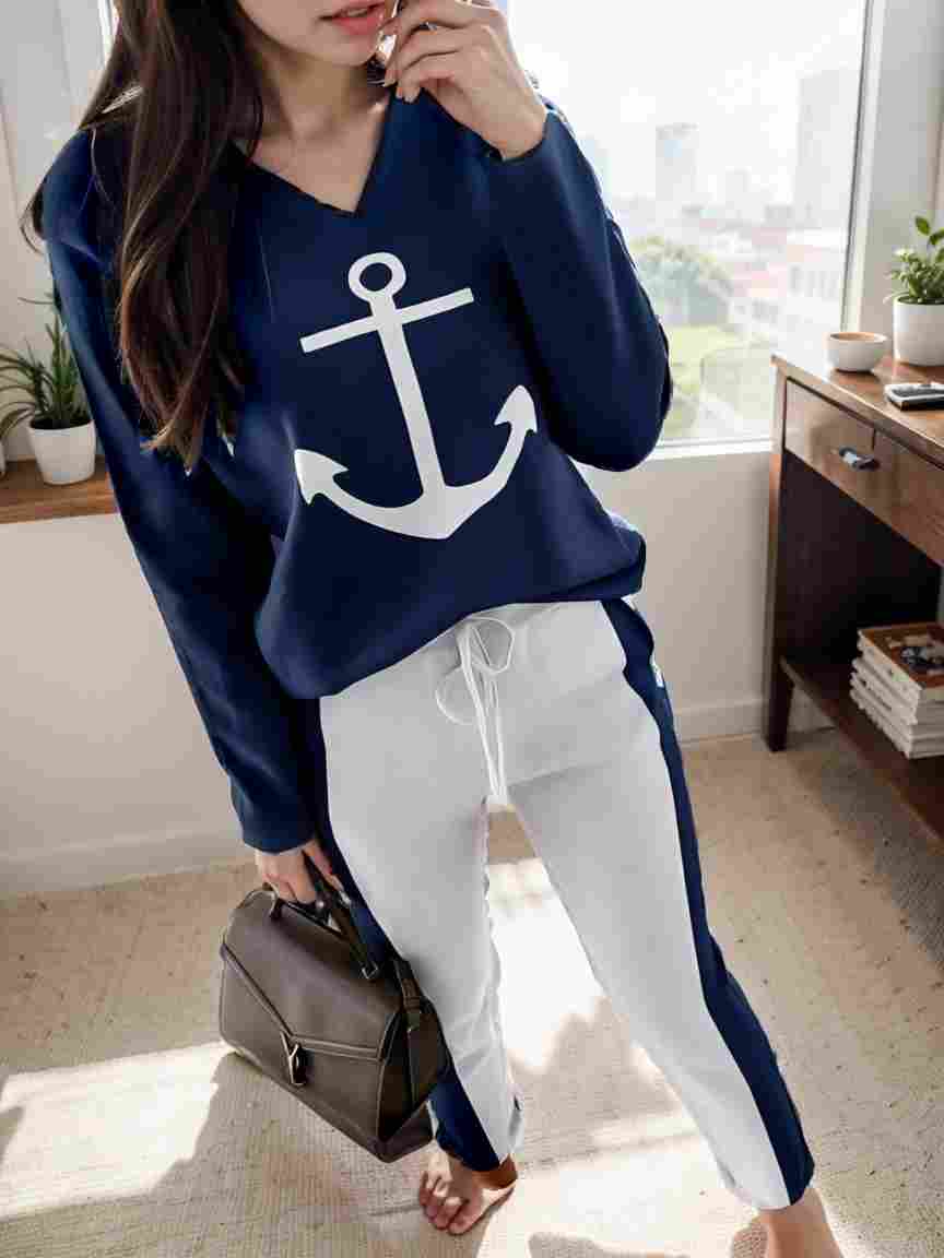 anchor print v neck long sleeve t shirt trousers two piece suit 113290