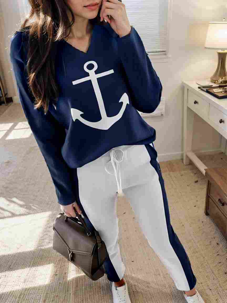 anchor print v neck long sleeve t shirt trousers two piece suit 132802