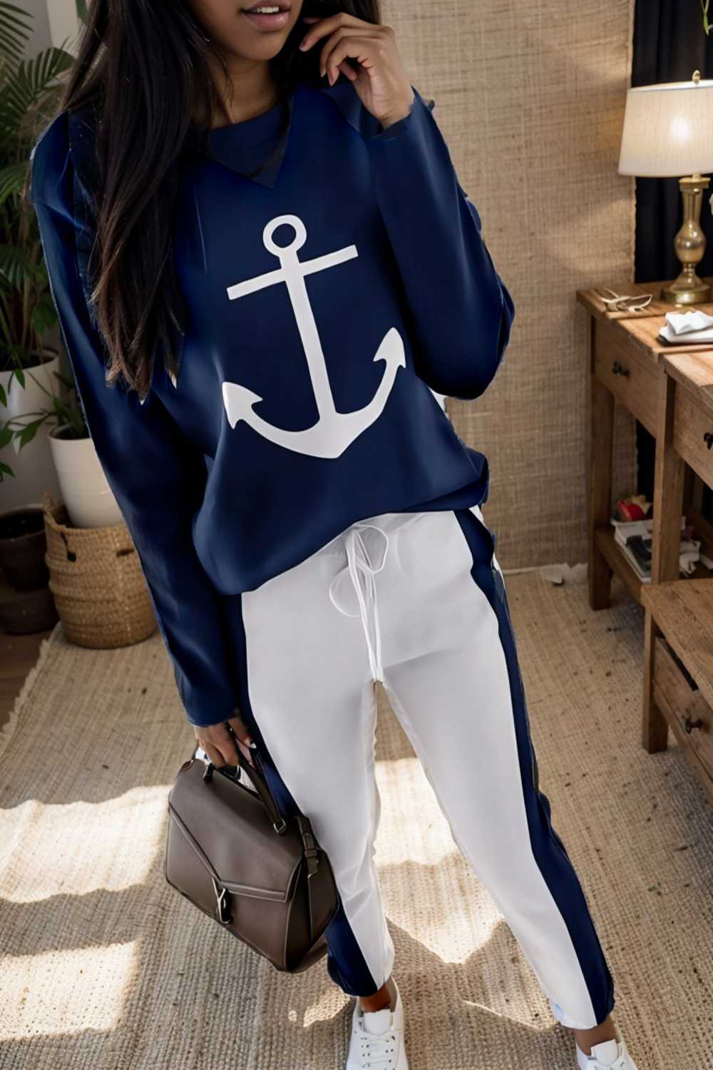 anchor print v neck long sleeve t shirt trousers two piece suit 122959