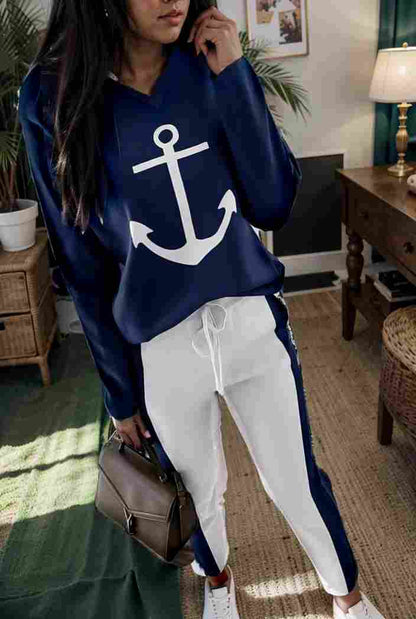 anchor print v neck long sleeve t shirt trousers two piece suit 137016