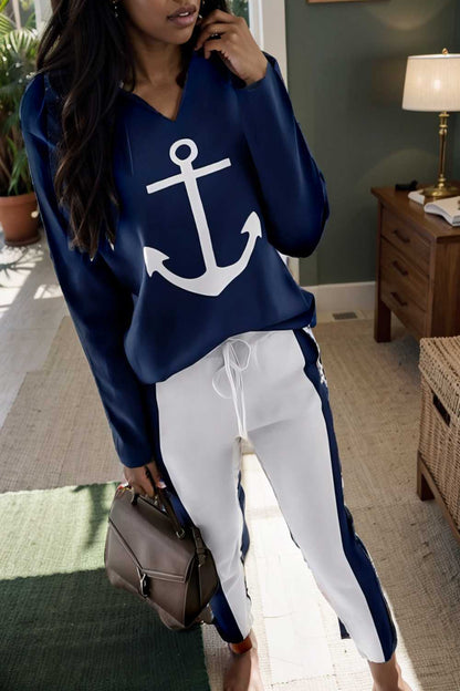 anchor print v neck long sleeve t shirt trousers two piece suit 107512